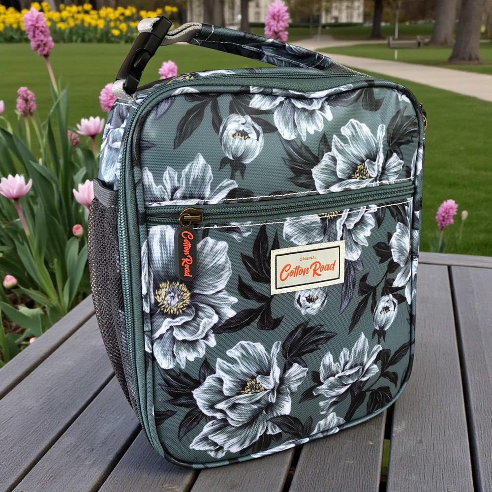 Cotton Road Cooler: GREEN FLORAL PVC Lunch Box Cooler Bag outside view
