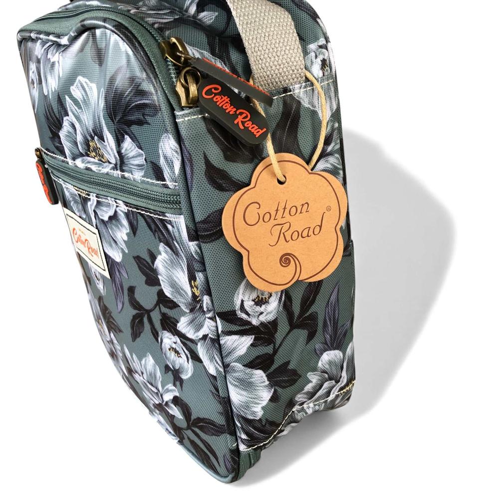 Cotton Road Cooler: GREEN FLORAL PVC Lunch Box Cooler Bag on white
