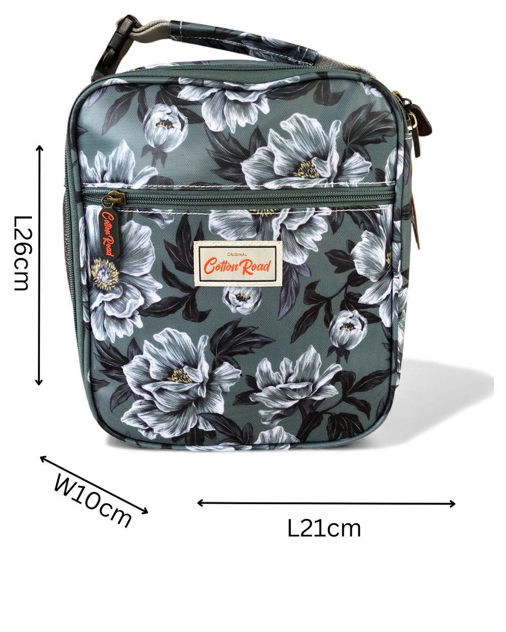 Cotton Road Cooler: GREEN FLORAL PVC Lunch Box Cooler Bag with sizes indicated