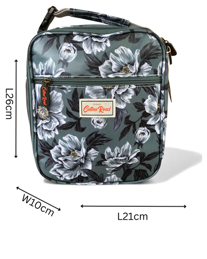 Cotton Road Cooler: GREEN FLORAL PVC Lunch Box Cooler Bag with sizes indicated