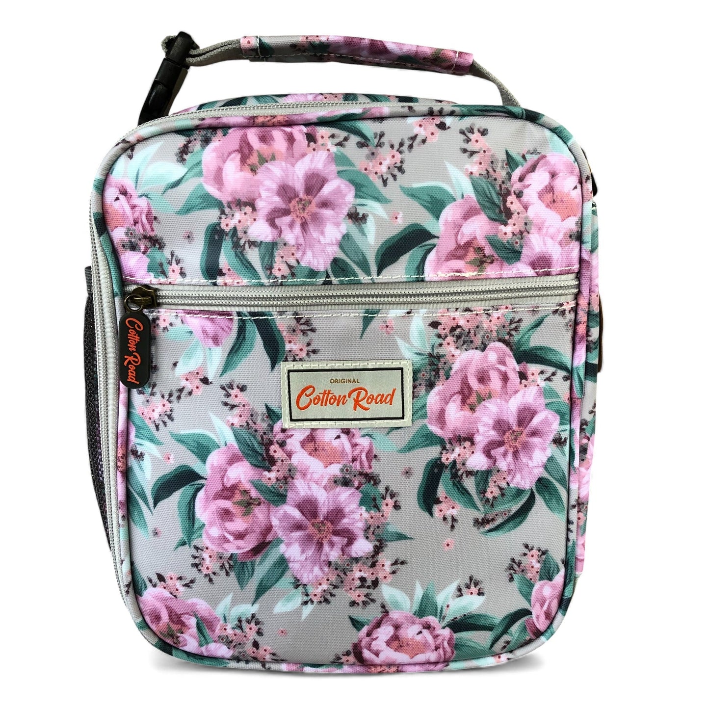COTTON ROAD COOLER PINK Floral-patterned lunch bag on white background