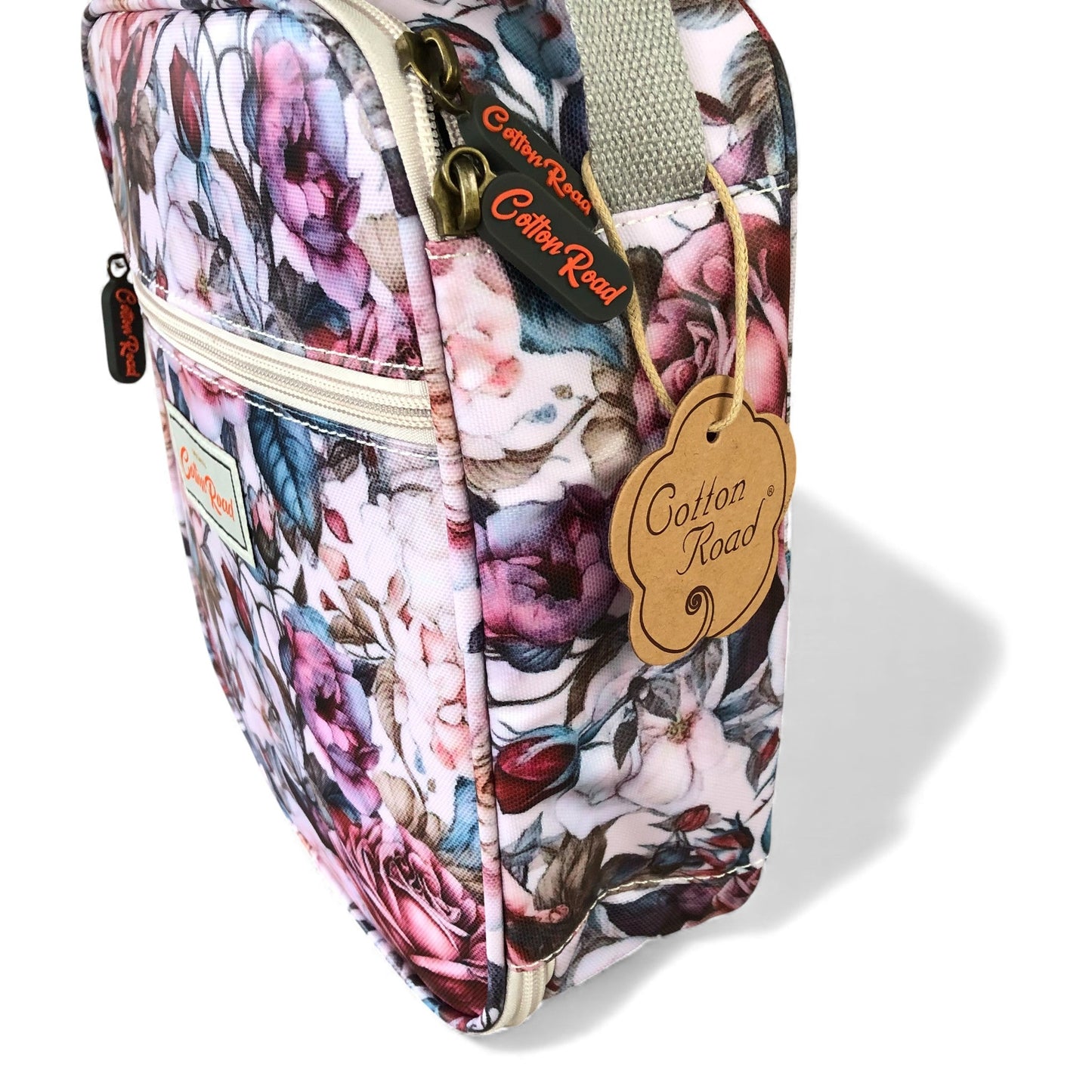 COTTON ROAD COOLER PINK Floral-patterned lunch bag side view on white