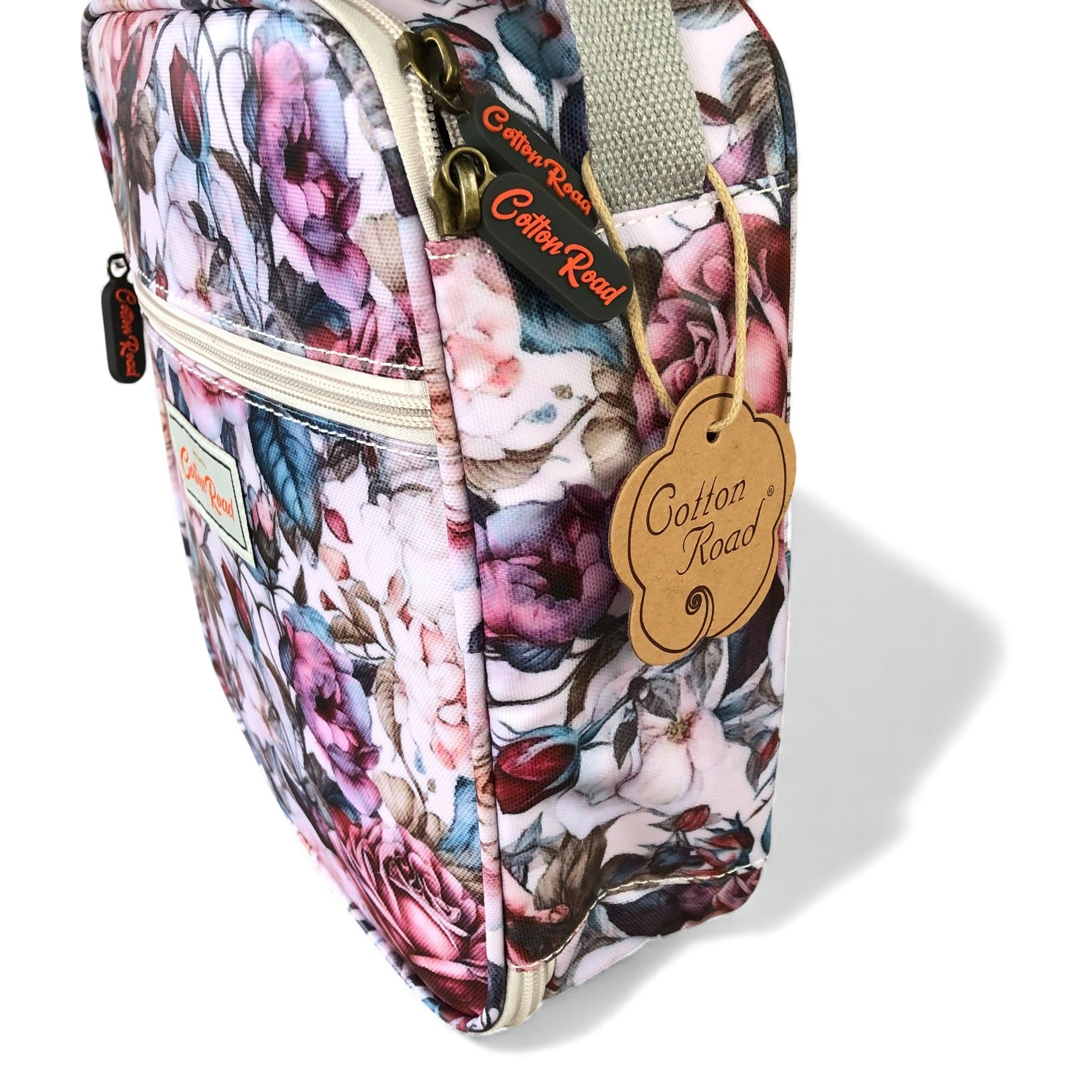 COTTON ROAD COOLER PINK Floral-patterned lunch bag side view on white