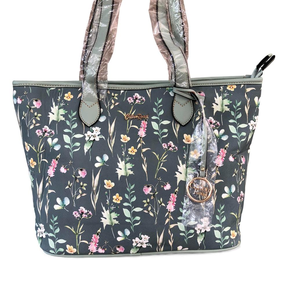 Cotton Road GREEN PU LEATHER Handbag with FLORAL Panel