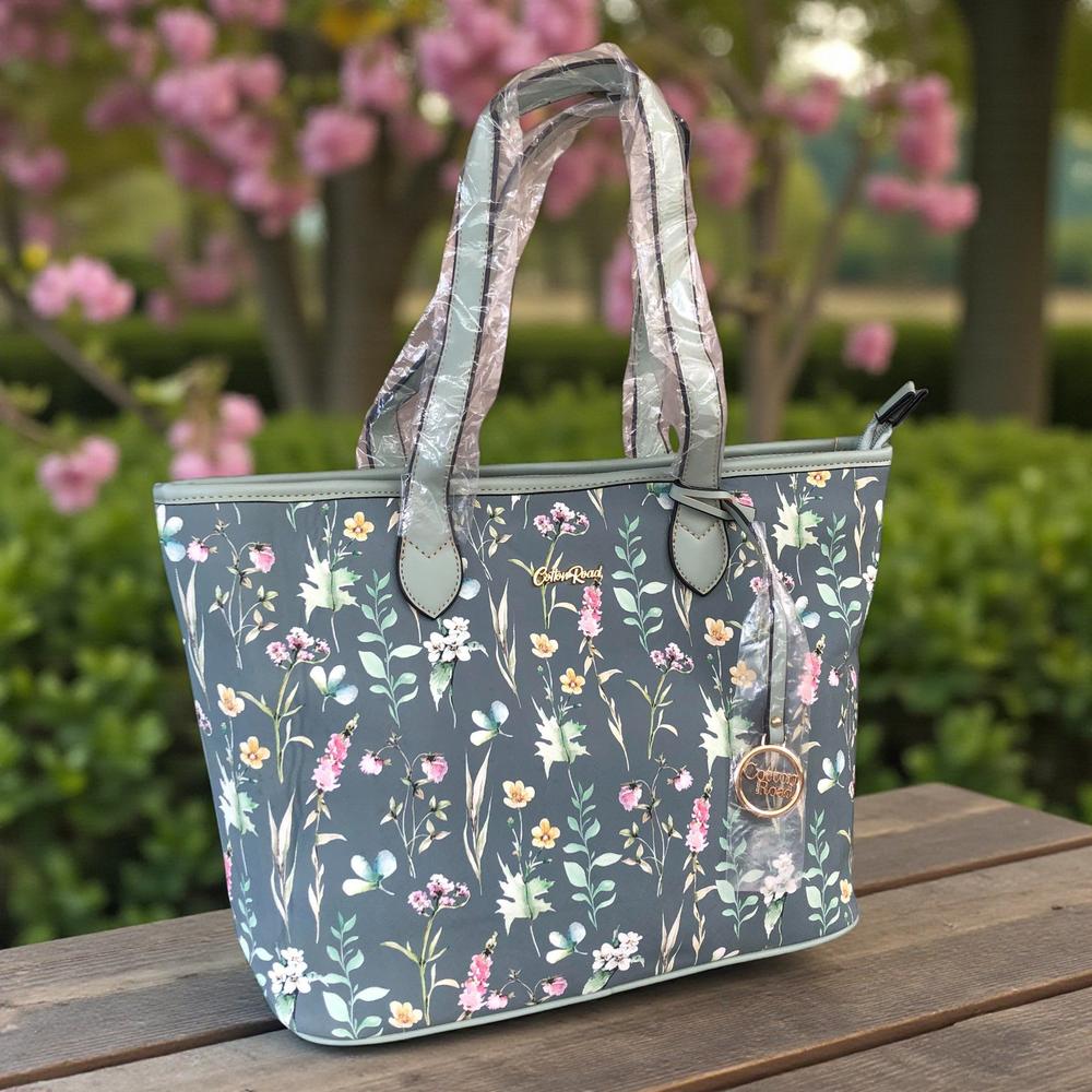 Cotton Road GREEN PU LEATHER Handbag with FLORAL Panel