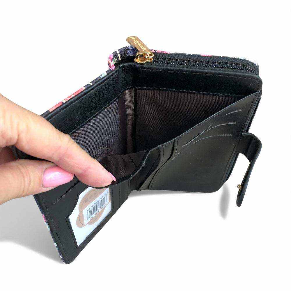 Cotton Road Handbag: BLACK Floral PU Leather Barrel Bag with Matching Wallet