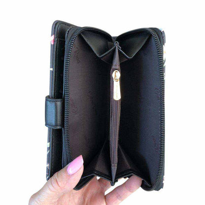 Cotton Road Handbag: BLACK Floral PU Leather Barrel Bag with Matching Wallet