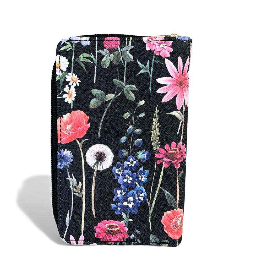 Cotton Road Handbag: BLACK Floral PU Leather Barrel Bag with Matching Wallet