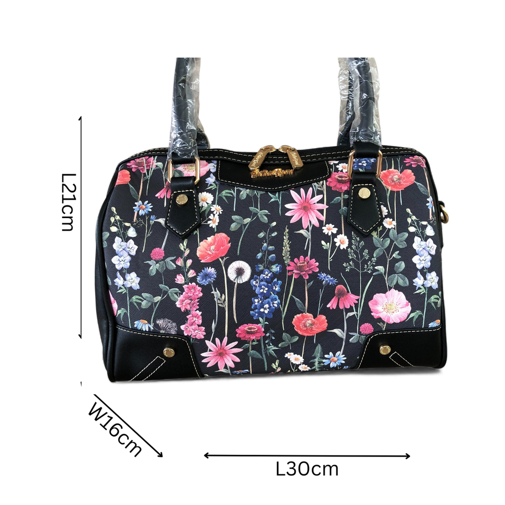 Cotton Road Handbag: BLACK Floral PU Leather Barrel Bag with Matching Wallet