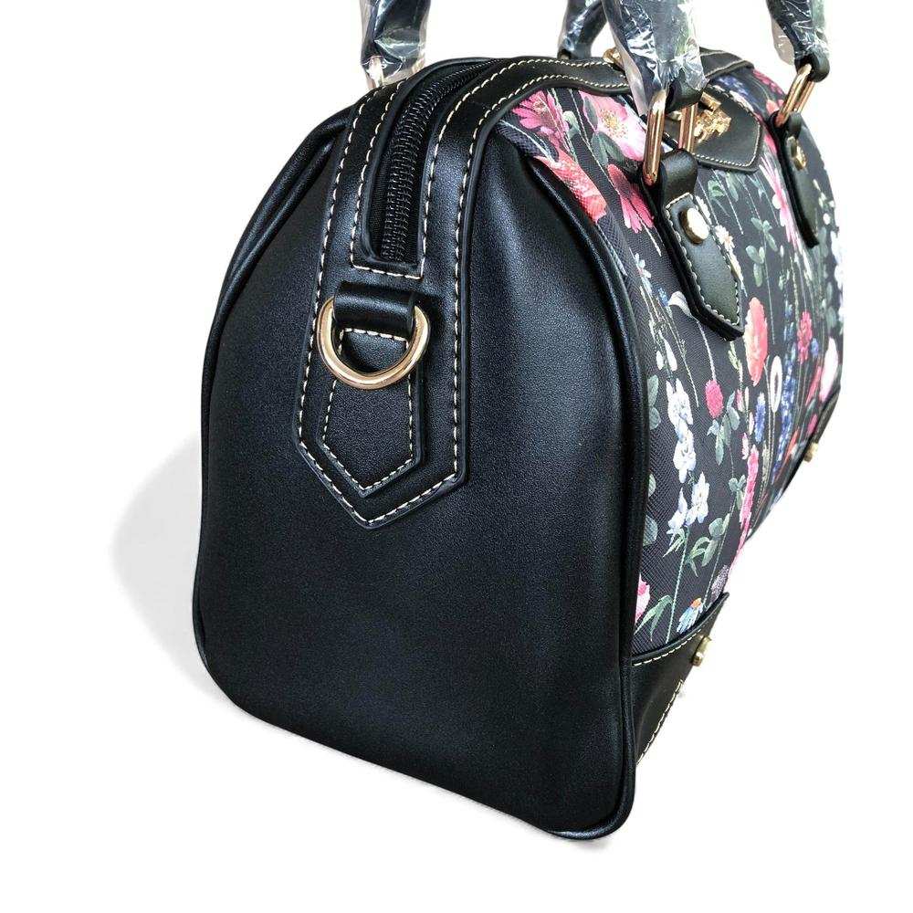 Cotton Road Handbag: BLACK Floral PU Leather Barrel Bag with Matching Wallet