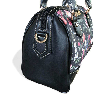 Cotton Road Handbag: BLACK Floral PU Leather Barrel Bag with Matching Wallet