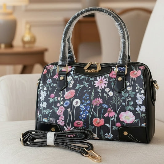 Cotton Road Handbag: BLACK Floral PU Leather Barrel Bag with Matching Wallet
