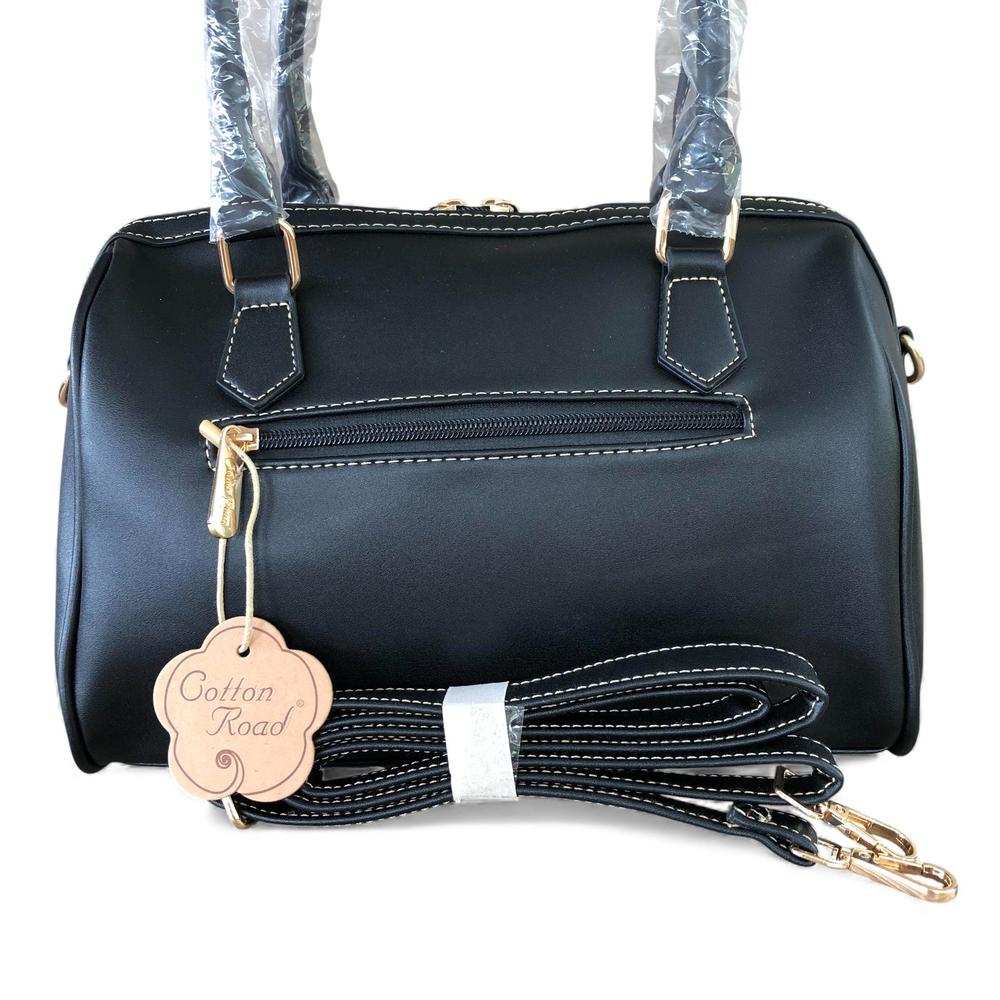 Cotton Road Handbag: BLACK Floral PU Leather Barrel Bag with Matching Wallet