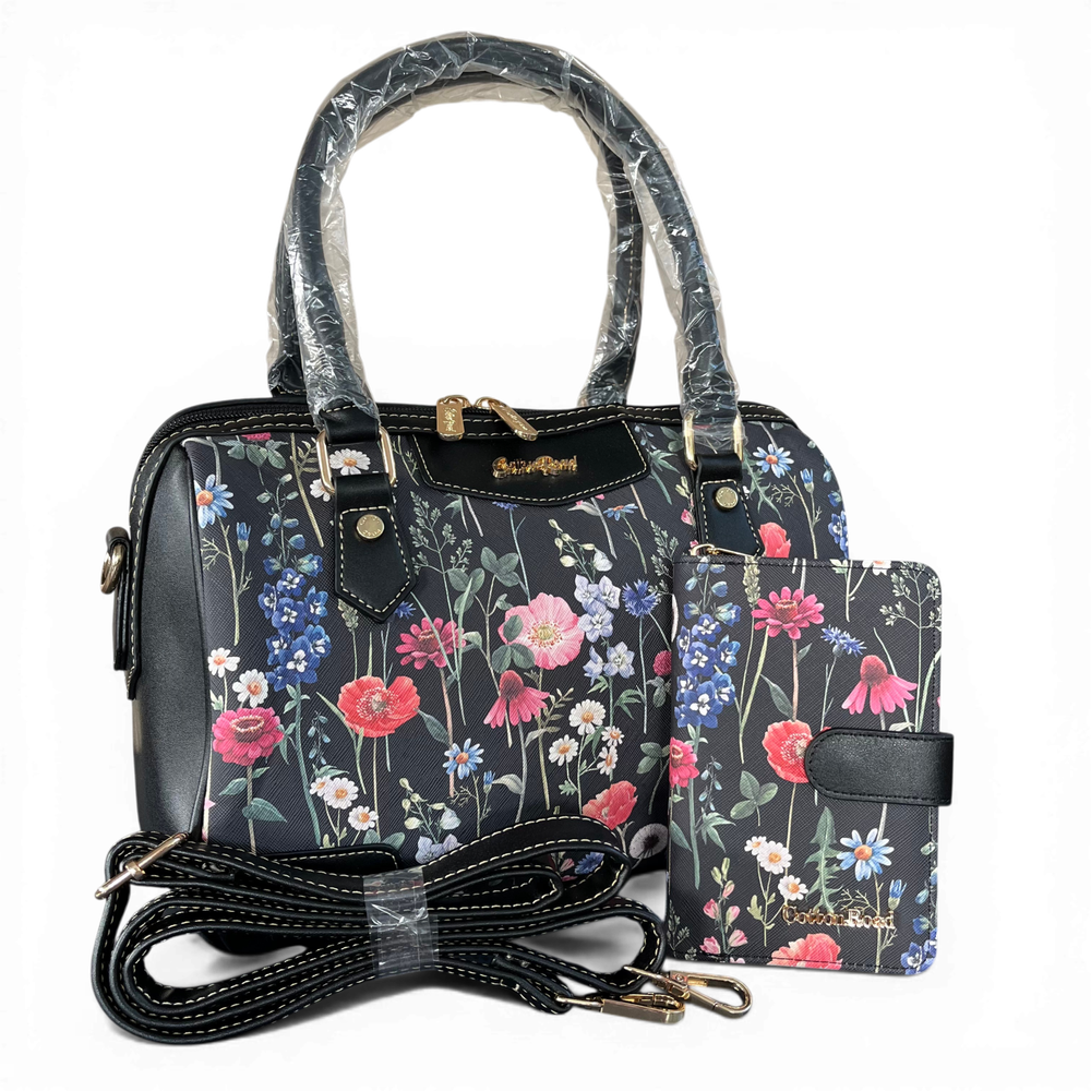 Cotton Road Handbag: BLACK Floral PU Leather Barrel Bag with Matching Wallet