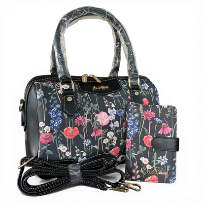 Cotton Road Handbag: BLACK Floral PU Leather Barrel Bag with Matching Wallet