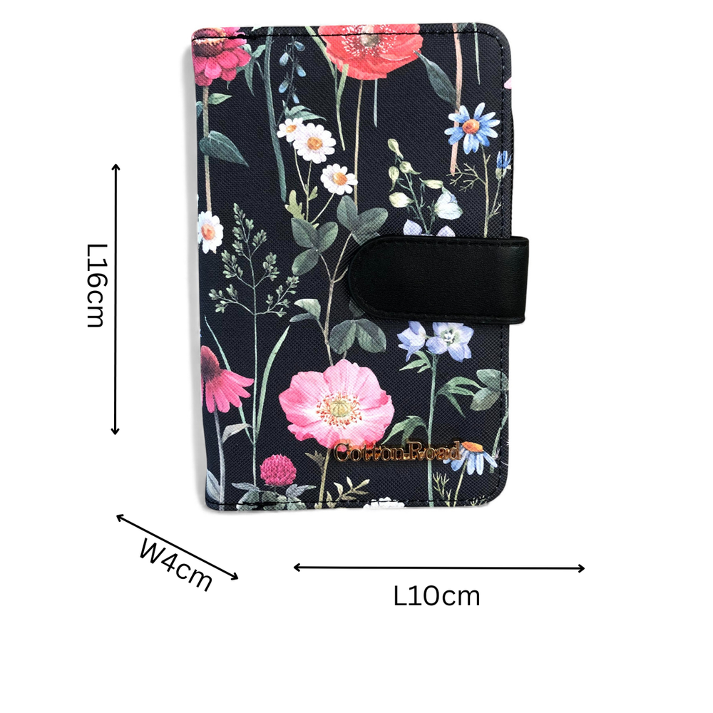 Cotton Road Handbag: BLACK Floral PU Leather Barrel Bag with Matching Wallet