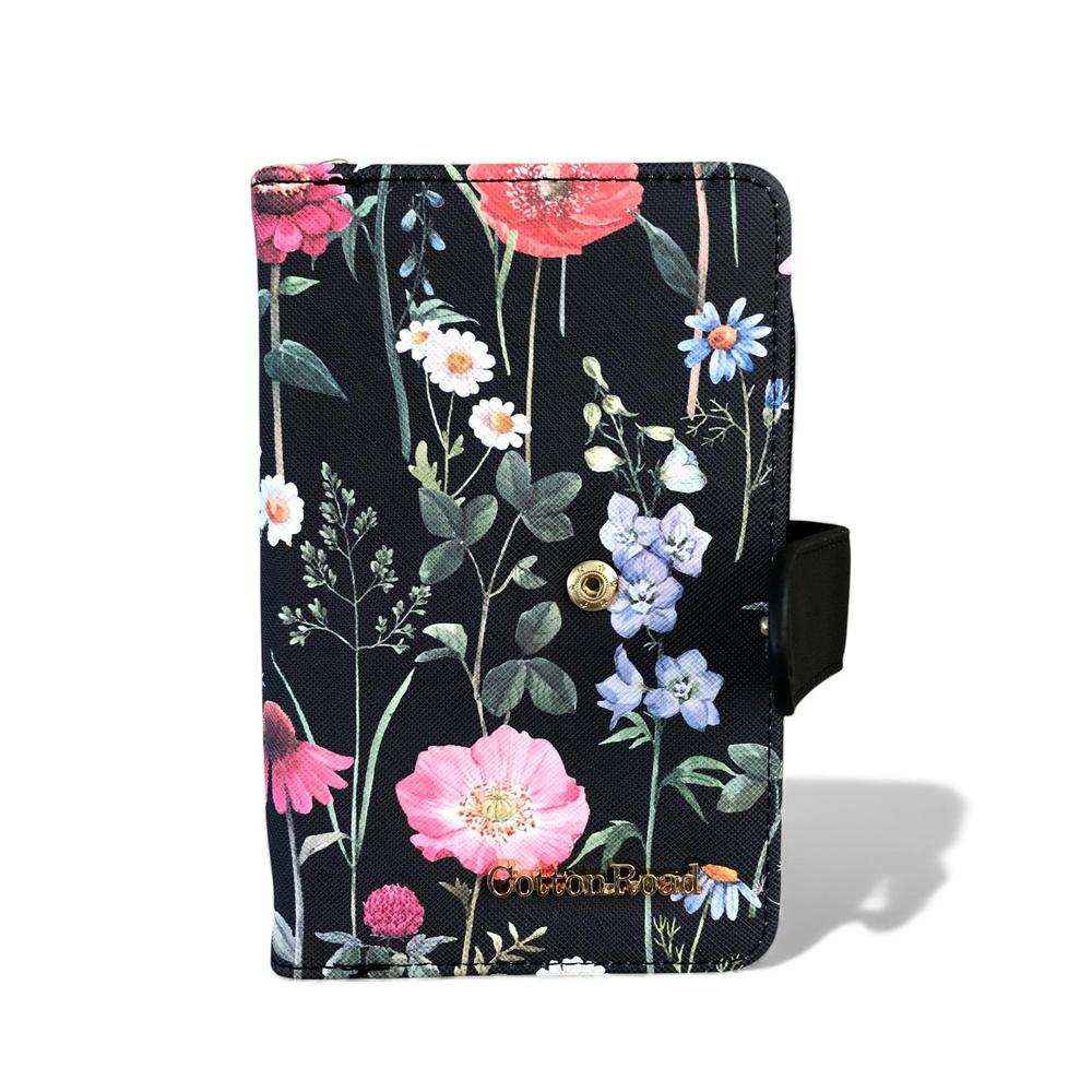 Cotton Road Handbag: BLACK Floral PU Leather Barrel Bag with Matching Wallet