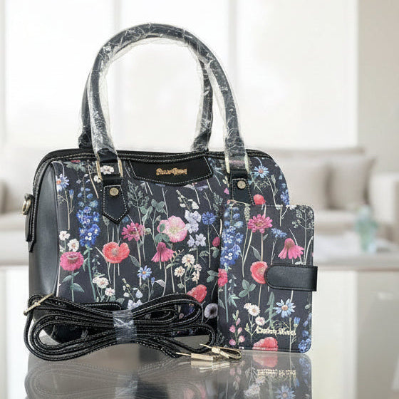 Cotton Road Handbag: BLACK Floral PU Leather Barrel Bag with Matching Wallet