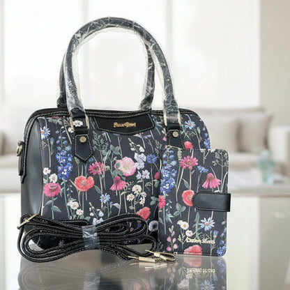 Cotton Road Handbag: BLACK Floral PU Leather Barrel Bag with Matching Wallet