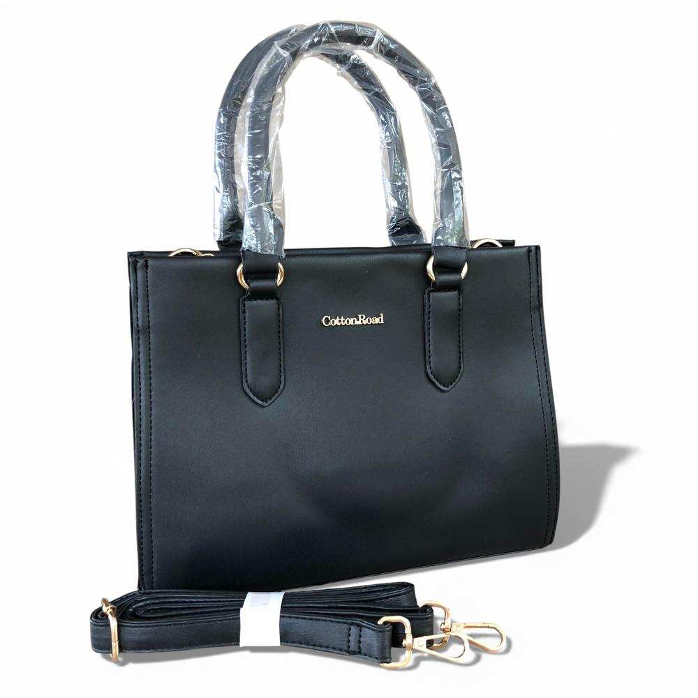 Cotton Road Handbag: BLACK PU Leather Bag with Divider