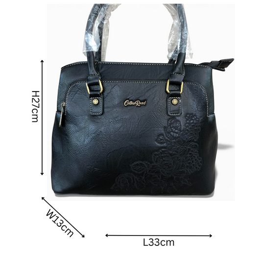 Cotton Road Handbag: BLACK PU Leather Bag with EMBROIDERY