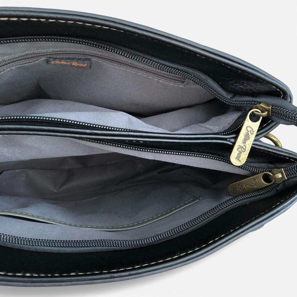 Cotton Road Handbag: BLACK PU Leather Bag with EMBROIDERY