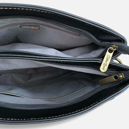 Cotton Road Handbag: BLACK PU Leather Bag with EMBROIDERY