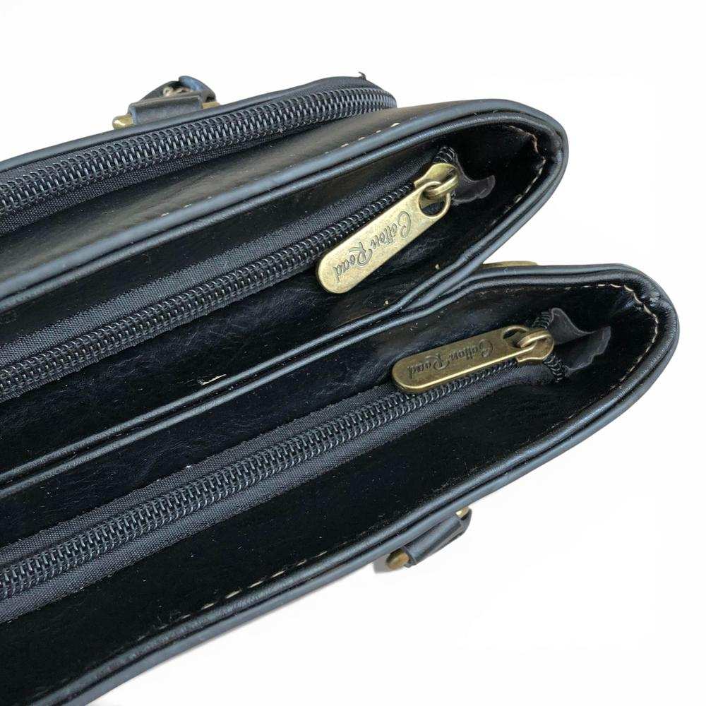 Cotton Road Handbag: BLACK PU Leather Bag with EMBROIDERY