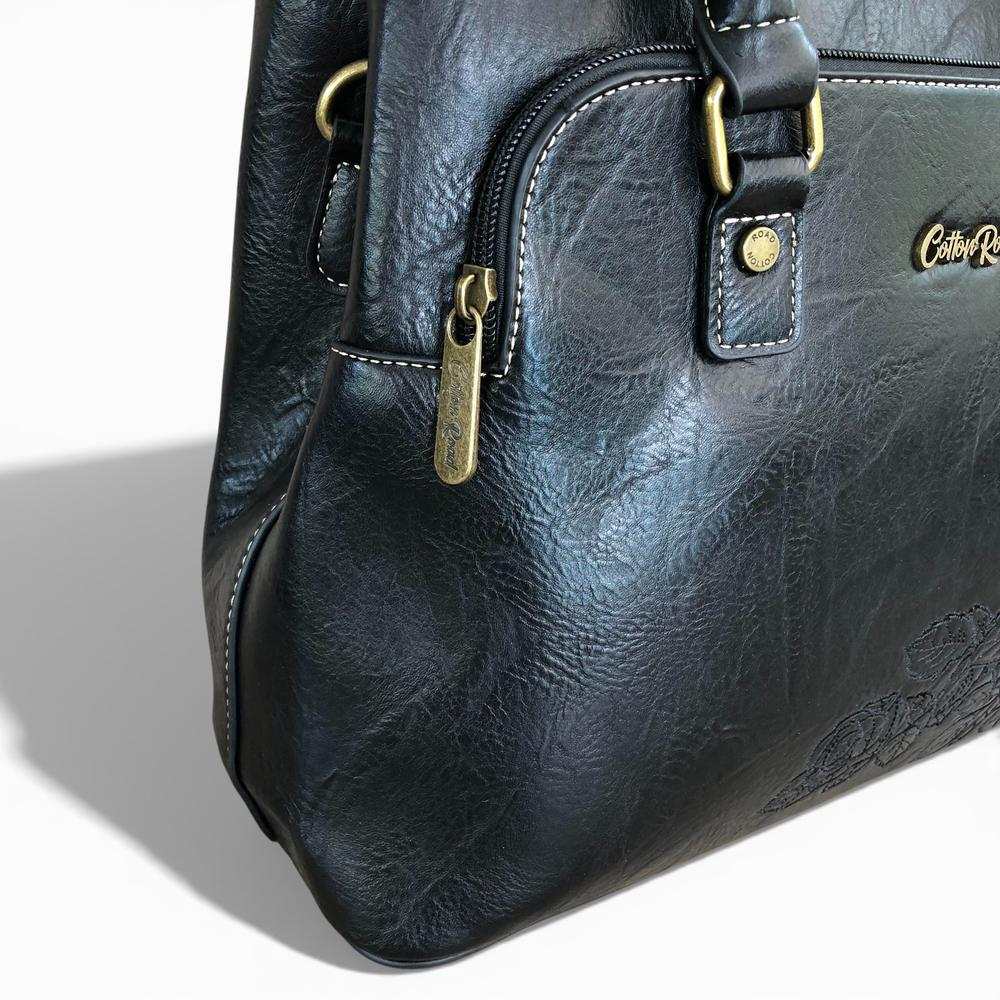 Cotton Road Handbag: BLACK PU Leather Bag with EMBROIDERY