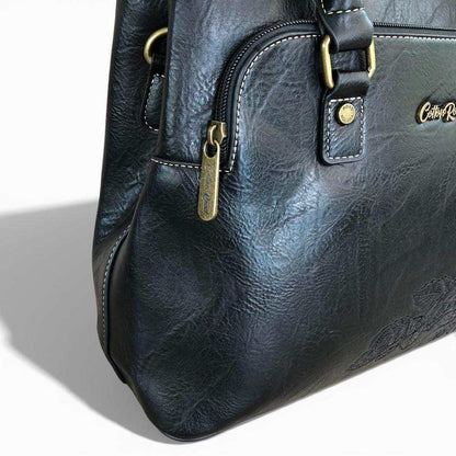 Cotton Road Handbag: BLACK PU Leather Bag with EMBROIDERY