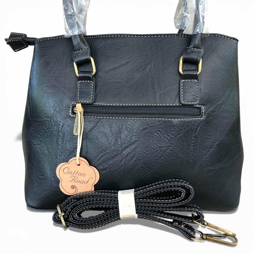 Cotton Road Handbag: BLACK PU Leather Bag with EMBROIDERY