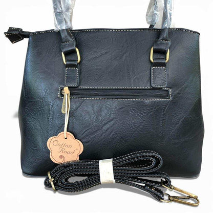 Cotton Road Handbag: BLACK PU Leather Bag with EMBROIDERY
