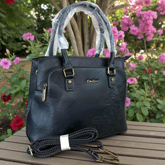 Cotton Road Handbag: BLACK PU Leather Bag with EMBROIDERY