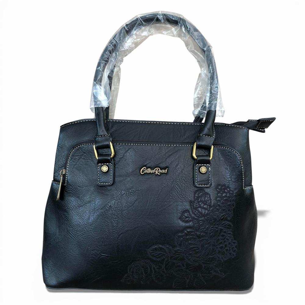 Cotton Road Handbag: BLACK PU Leather Bag with EMBROIDERY