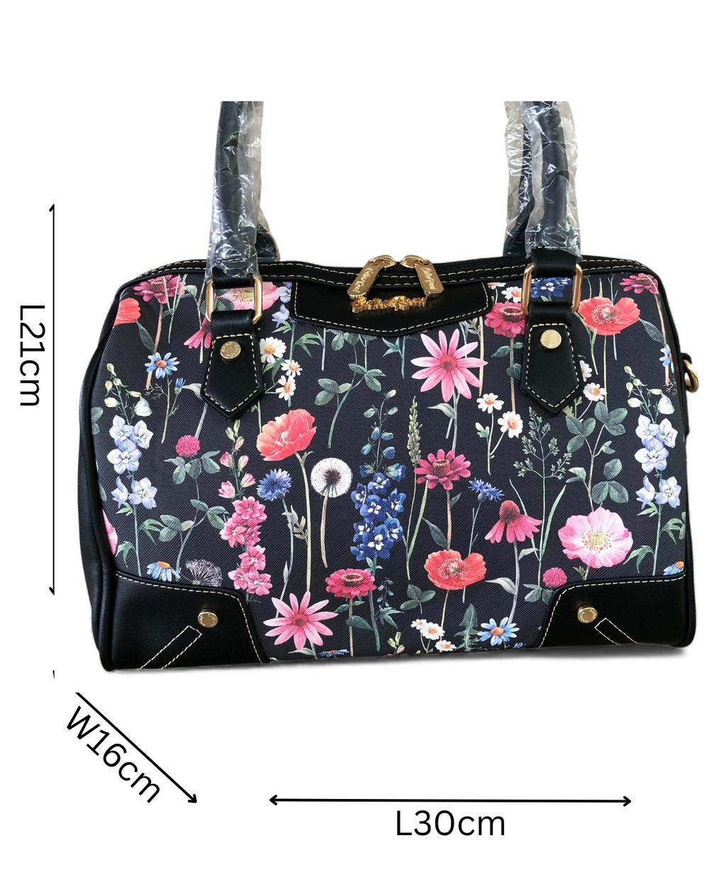 Cotton Road Handbag: BLACK PU Leather Barrel Handbag with FLORAL Panel