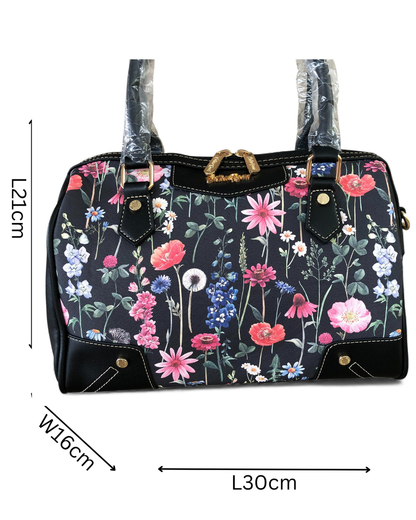 Cotton Road Handbag: BLACK PU Leather Barrel Handbag with FLORAL Panel
