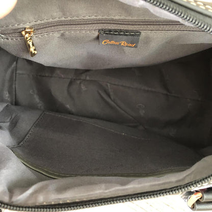 Cotton Road Handbag: BLACK PU Leather Barrel Handbag with FLORAL Panel