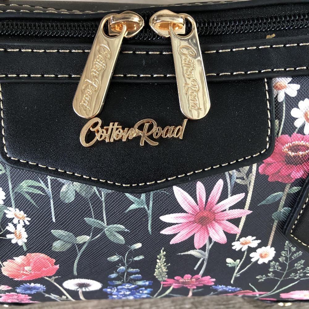 Cotton Road Handbag: BLACK PU Leather Barrel Handbag with FLORAL Panel