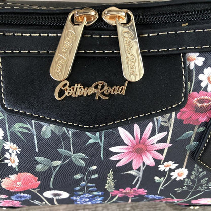 Cotton Road Handbag: BLACK PU Leather Barrel Handbag with FLORAL Panel