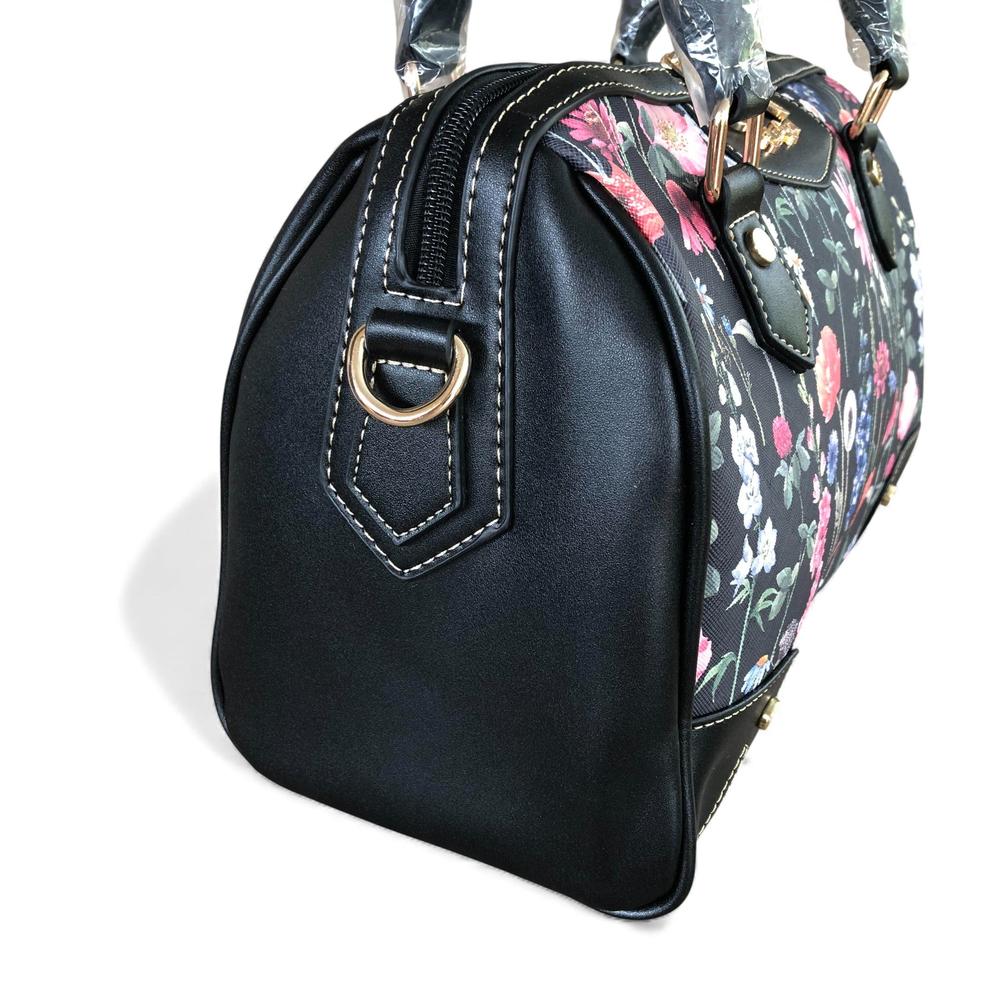 Cotton Road Handbag: BLACK PU Leather Barrel Handbag with FLORAL Panel