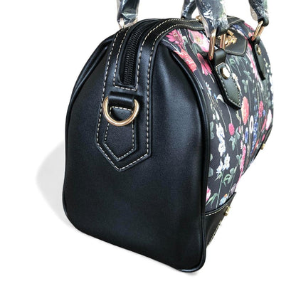 Cotton Road Handbag: BLACK PU Leather Barrel Handbag with FLORAL Panel