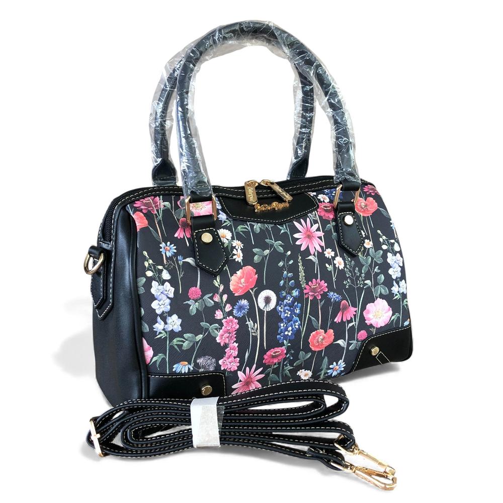 Cotton Road Handbag: BLACK PU Leather Barrel Handbag with FLORAL Panel