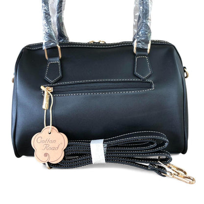 Cotton Road Handbag: BLACK PU Leather Barrel Handbag with FLORAL Panel