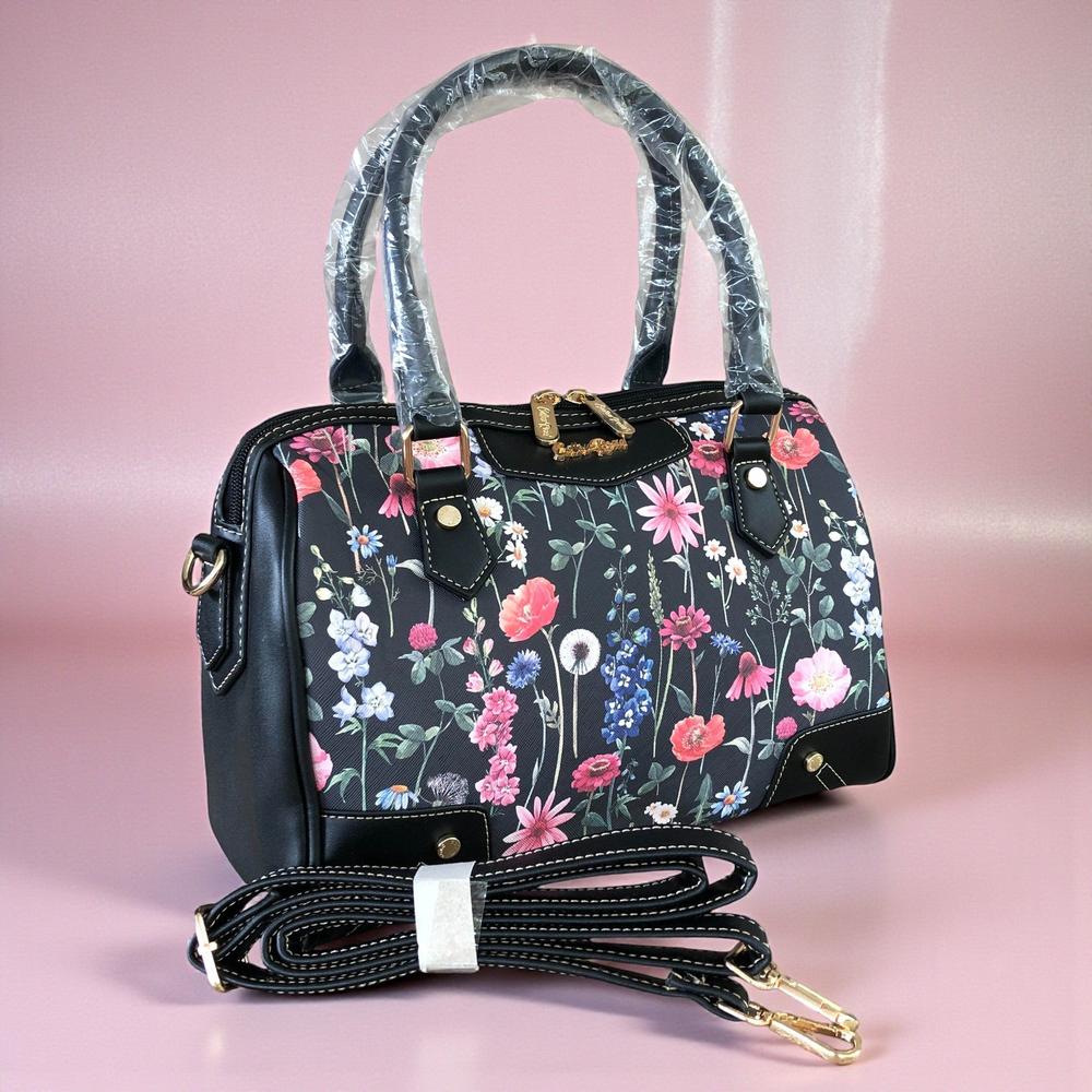 Cotton Road Handbag: BLACK PU Leather Barrel Handbag with FLORAL Panel
