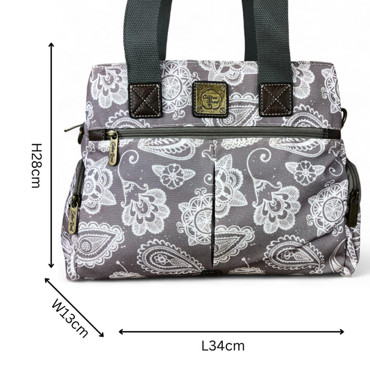 Cotton Road Handbag: BROWN Canvas Handbag with PAISLEY Print