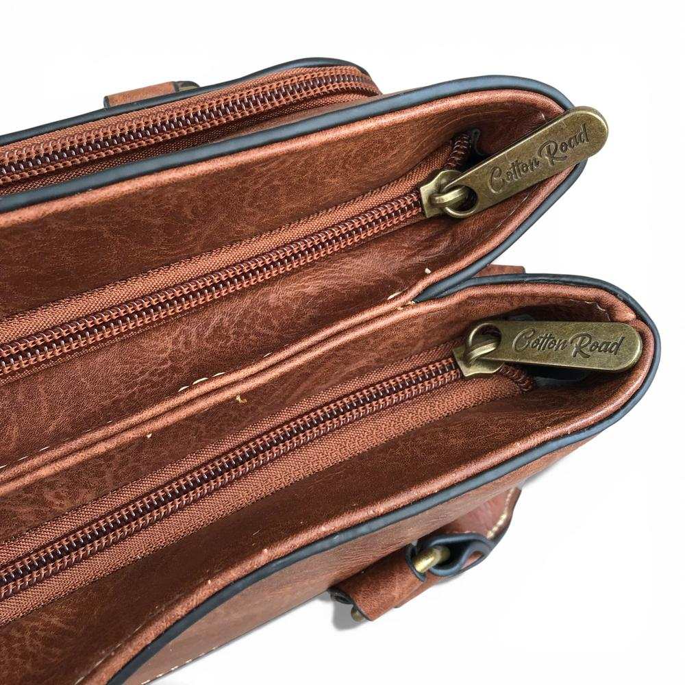 Cotton Road Handbag: BROWN PU Leather Bag with EMBROIDERY