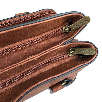 Cotton Road Handbag: BROWN PU Leather Bag with EMBROIDERY