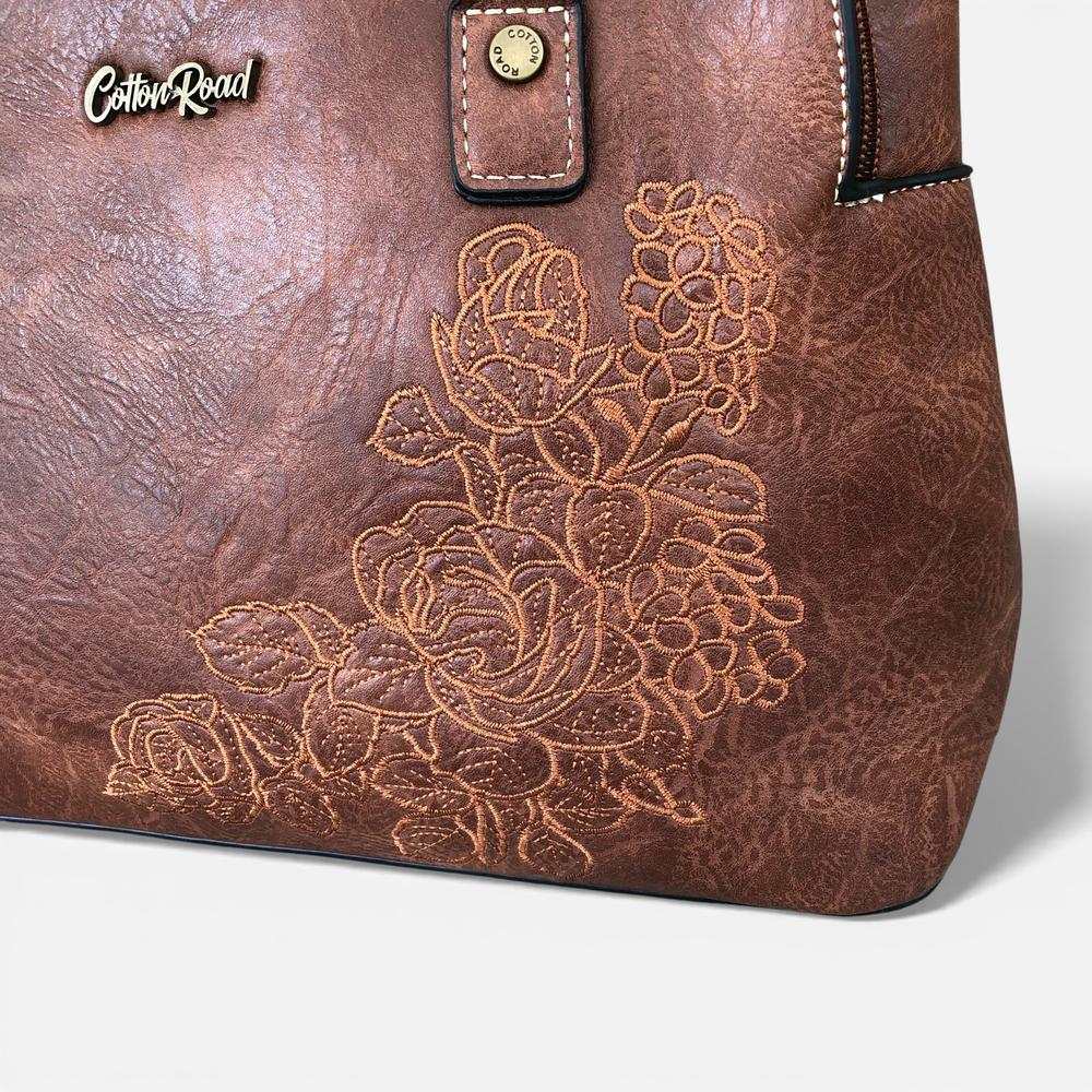 Cotton Road Handbag: BROWN PU Leather Bag with EMBROIDERY