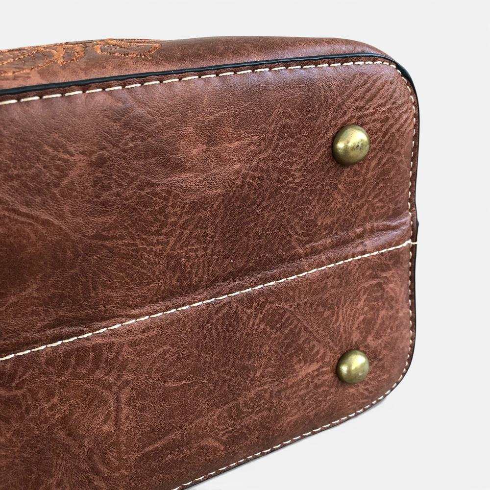 Cotton Road Handbag: BROWN PU Leather Bag with EMBROIDERY