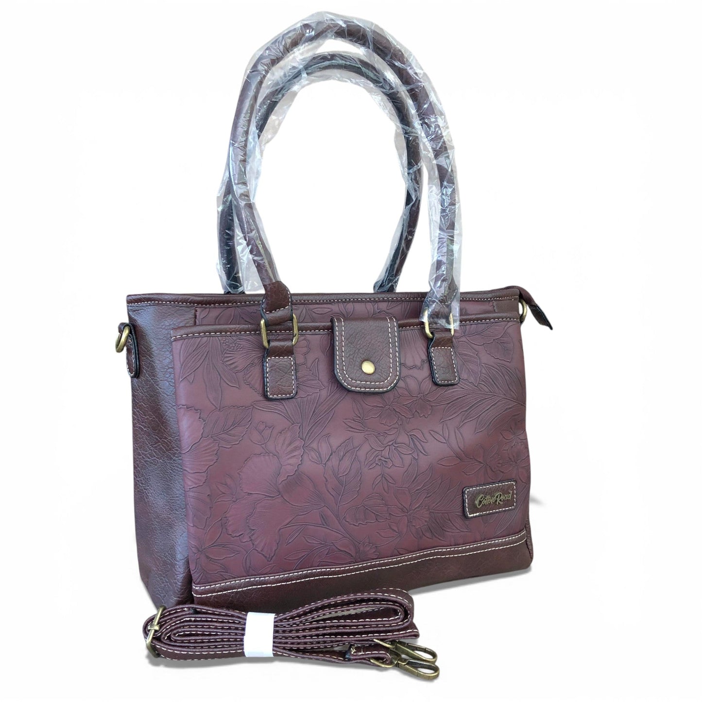 Cotton Road Brown PU leather handbag with floral pattern FULL PACKAGE